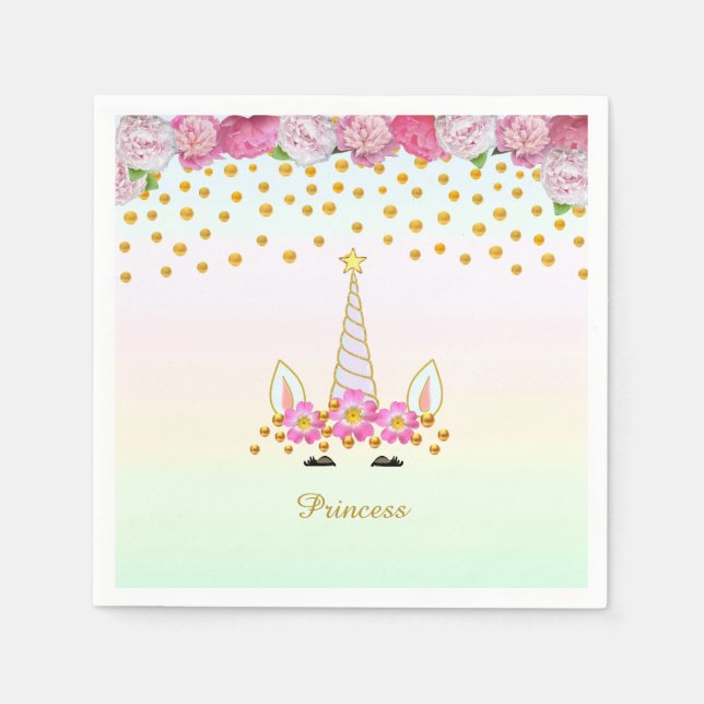 Unicorn, Rosa Flowers & Guld Confetti Pappersservett (Framsidan)