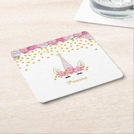 Unicorn, Rosa Flowers & Guld Confetti Underlägg Papper Kvadrat