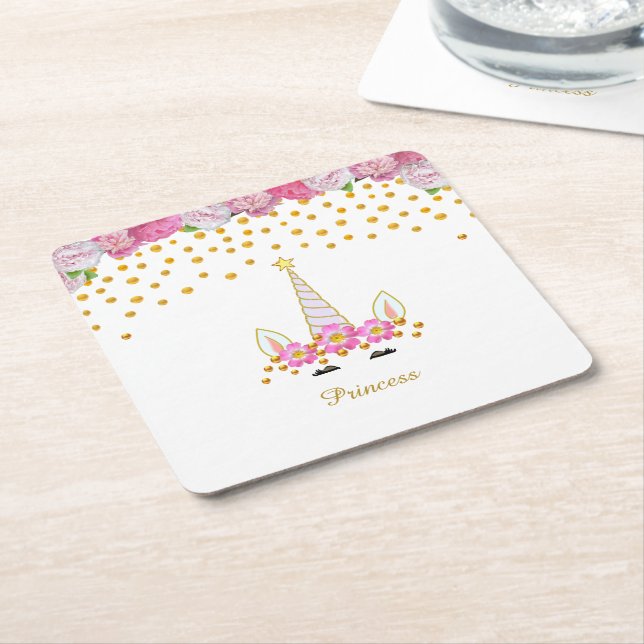 Unicorn, Rosa Flowers & Guld Confetti Underlägg Papper Kvadrat (Vinklad)