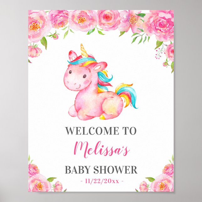 Unicorn Rosa Girl Baby Shower Sprinkle Välkommen Poster (Framsidan)