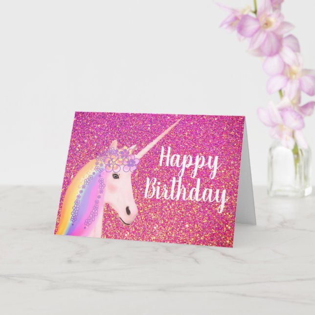 Unicorn Rosa Glitter Birthday Hälsning Kort (Orkide)