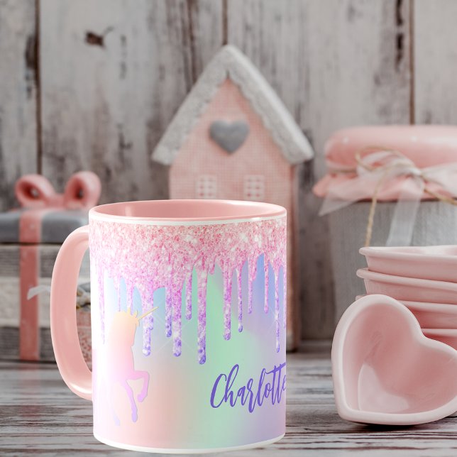 Unicorn rosa glitter droppar holografisk lila namn mugg (Skapare uppladdad)