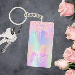 Unicorn rosa glitter droppar namn holografi<br><div class="desc">En holografisk trendig med enmajs och pastel färg i rosa,  lila,  myntgrönt. Dekorerad med faux glitter drops,  färgdroppstift. Anpassa och lägg till ditt namn. Lila färgad brev. Lite dagligt glam för att göra din dag ljusare!</div>