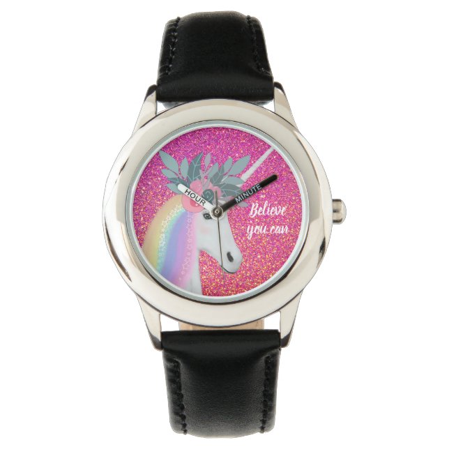 Unicorn Rosa Glitter Fantasy Flowers Kids Armbandsur (Framsida)
