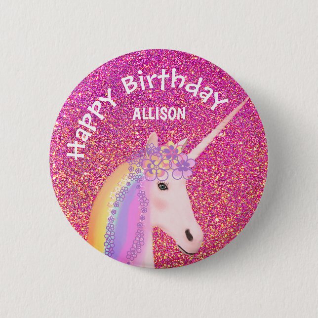 Unicorn Rosa Glitter Girls Birthday Personlig Knapp (Framsida)