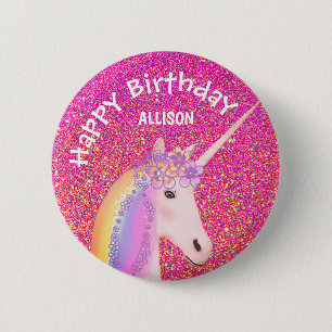 Unicorn Rosa Glitter Girls Birthday Personlig Knapp