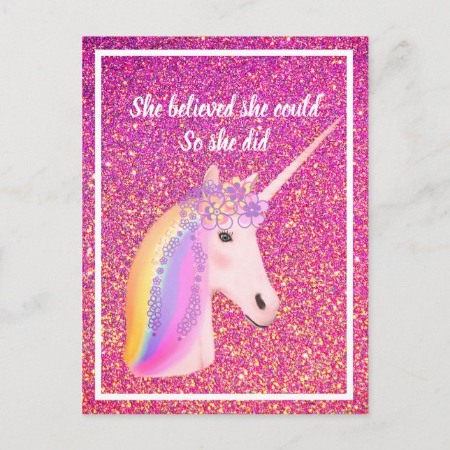 Unicorn Rosa Glitter inspirational Hon trodde Vykort (Framsida)