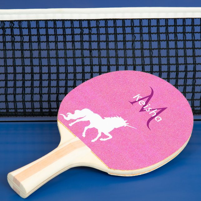 Unicorn rosa glitter monogram namn pingisracket (Insitu)