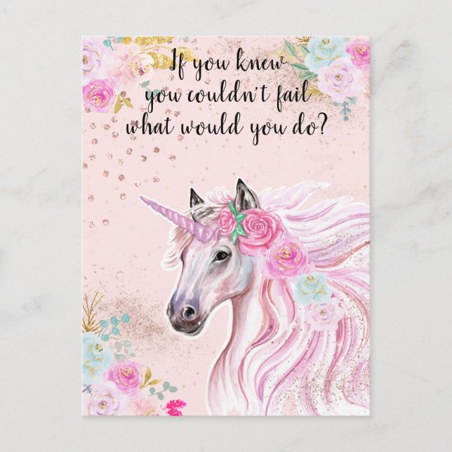 Unicorn Rosa Glitter Motivational Manifesting Vykort (Framsida)