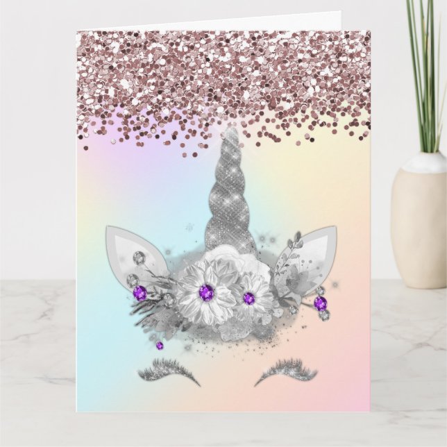 Unicorn rosa Glitter och Silver Kort (Framsida)