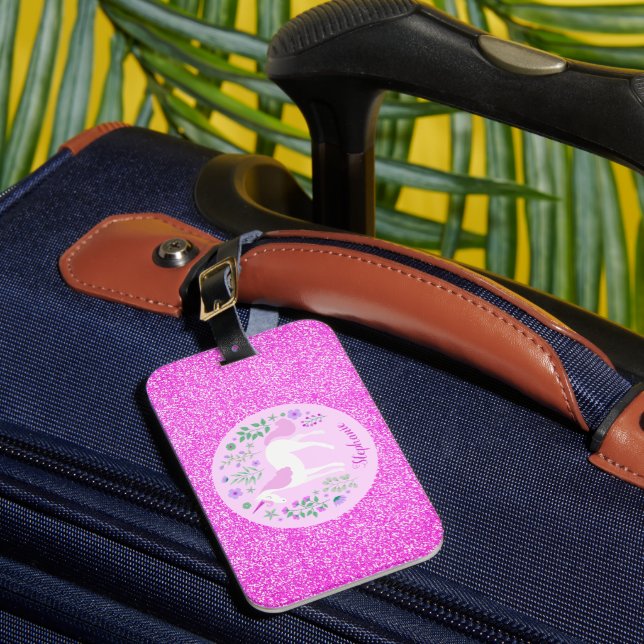 Unicorn Rosa Glitter Personlig Namn Bagagebricka (Framsida Insitu 1)