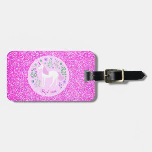 Unicorn Rosa Glitter Personlig Namn Bagagebricka