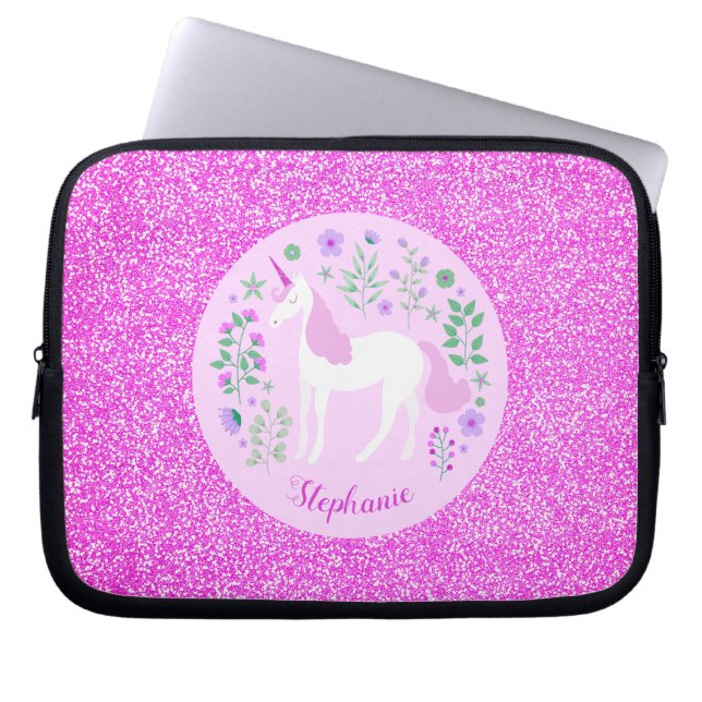Unicorn Rosa Glitter Personlig Namn Laptop Fodral (Framsidan)