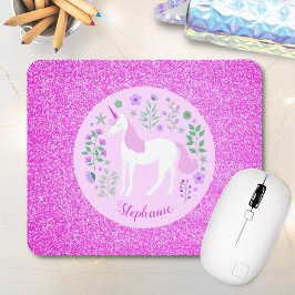 Unicorn Rosa Glitter Personlig Namn Musmatta