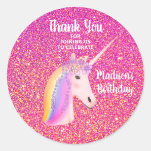 Unicorn Rosa Glitter Tack Birthday Favor Runt Klistermärke