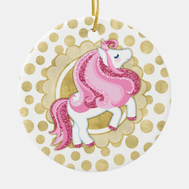 Unicorn Rosa Guld Cute Fantasy Julgransprydnad Keramik (Framsidan)