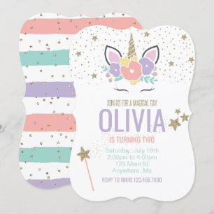 Unicorn rosa guld glitter födelsedagsinbjudan inbjudningar