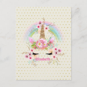 Unicorn Rosa Guld Glitter Titta på Blommigten Name Vykort