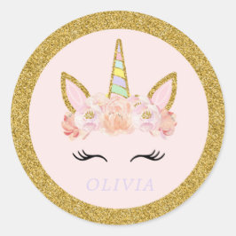 Unicorn Rosa & Guld Party Favoriter Märkre Sticker Runt Klistermärke