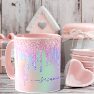 Unicorn rosa holoGraph namn droppar Mugg