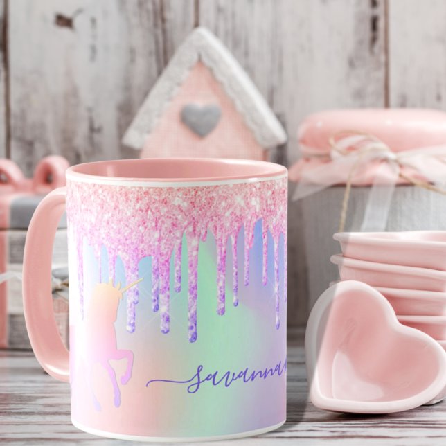 Unicorn rosa holoGraph namn droppar Mugg (Skapare uppladdad)