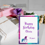 Unicorn-rosa-lila, 10-årsdag kort<br><div class="desc">En fantasi i rosa,  lila och turkos för en ung flicka/tonåring flickors födelsedag. En ram i rosa,  lila och turkos. Lila brev och texten: Grattis på födelsedagen. Mallar för namn och ålder. Insida: Utrymme för skriva för hand.</div>