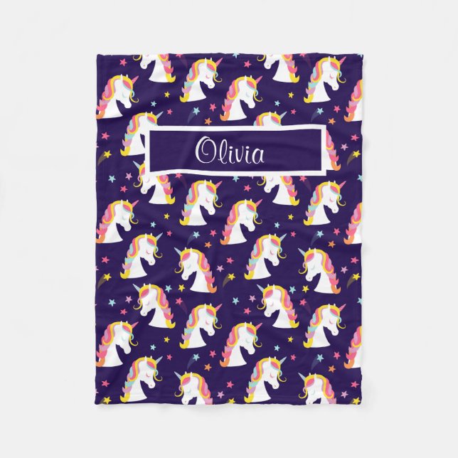 Unicorn Rosa Lila Baby Namn Fleecefilt (Framsidan)