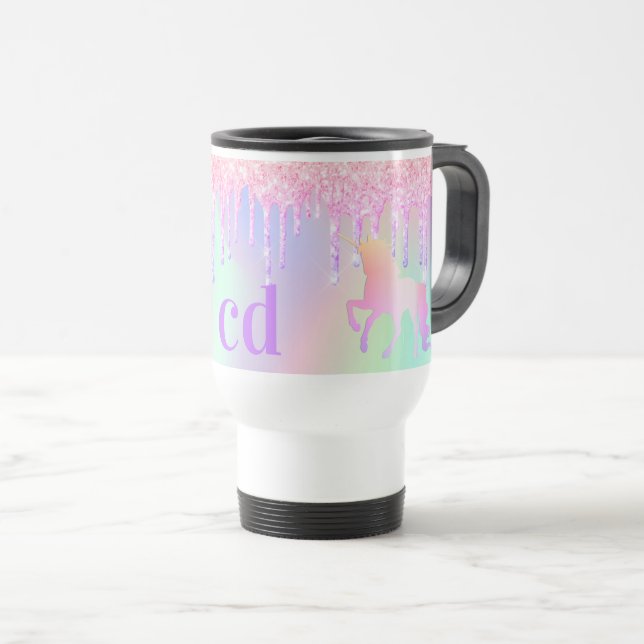 Unicorn rosa lila droppar monogram holografi resemugg (Framsida höger)