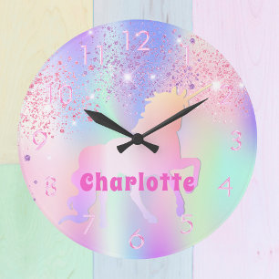 Unicorn rosa lila glitter namn flicka stor klocka