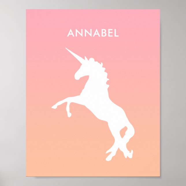 Unicorn Rosa Pastel Namn Kids Bedroom Wall Art Poster (Framsidan)