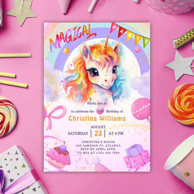 Unicorn Rosa Rainbow Birthday Inbjudningar (Unicorn Pink Rainbow Birthday Invitation)