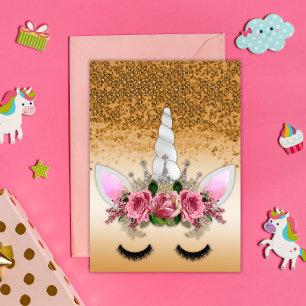 Unicorn rosa ros och Guld Glitter Kort