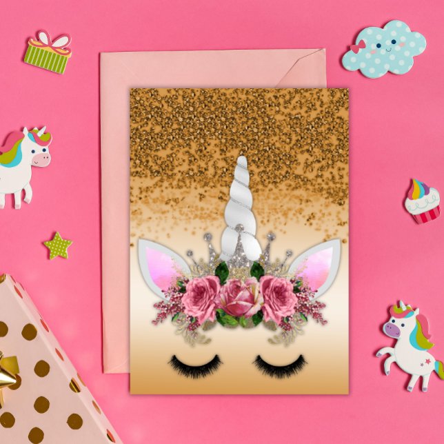 Unicorn rosa ros och Guld Glitter Kort (Skapare uppladdad)