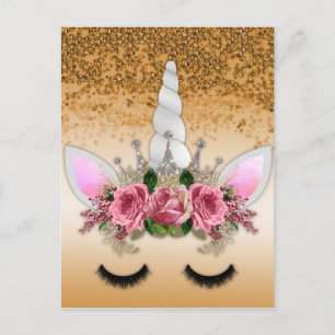 Unicorn rosa ros och Guld Glitter Vykort
