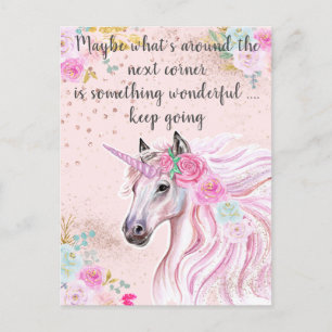 Unicorn Rosa Teal Blommigt Guld Glitter citat Vykort
