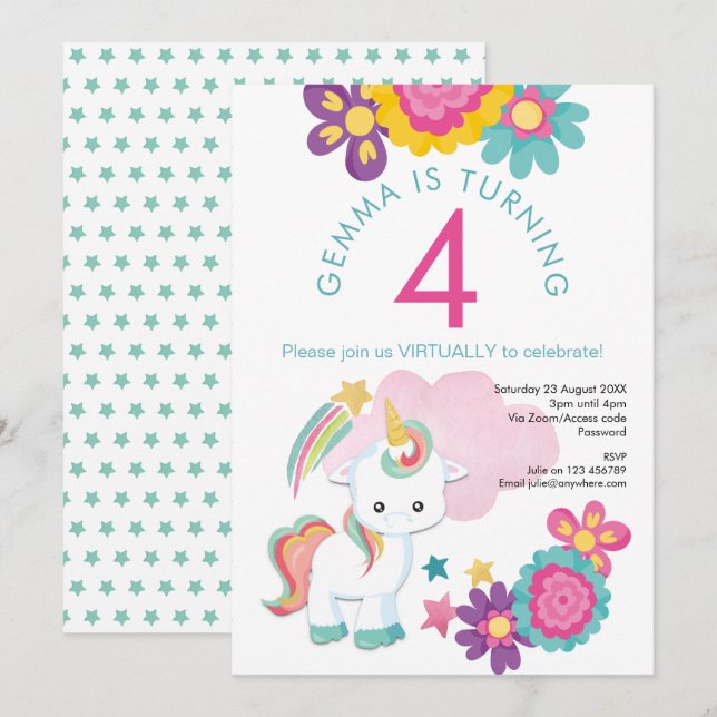 Unicorn Rosa Teal Girl 4:e Virtuella Födelsedagsfe Inbjudningar (Fram/baksida)