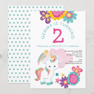 Unicorn Rosa Teal Girl Virtuell 2:a födelsedagen P Inbjudningar