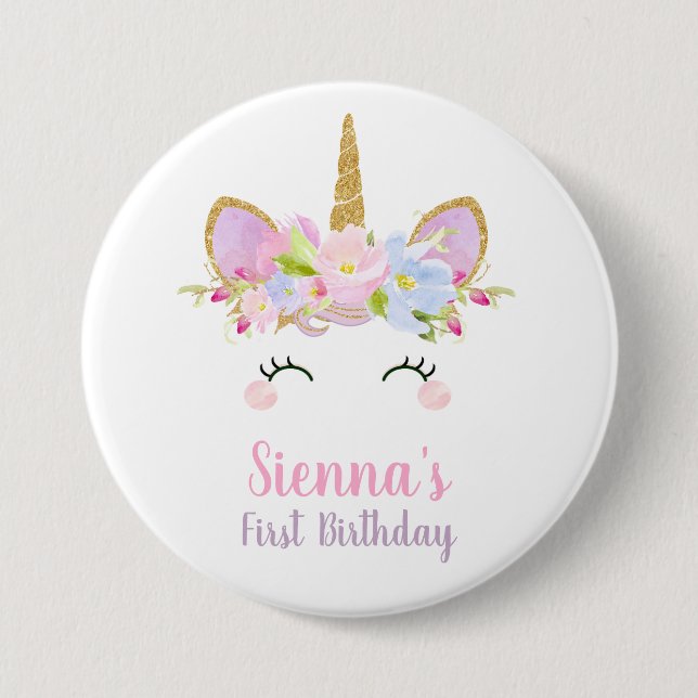 Unicorn Round Badge 1st Birthday Girl Knapp (Framsida)