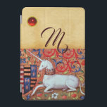 UNICORN RUBY MONOGRAM MEDIEVAL BLOMMIGT PARCHMENT iPad MINI SKYDD<br><div class="desc">Klassy, elegant fleur de lys och heraldiska motiv, blommigt snurrar blått, blommor med vit sitta unicorn, digital-framtagning från en gammal medeltida miniatyr som är unik och har en brig 3D-ruby-gem-sten av Bulgan Lumini.Enkel att anpassa med initialer</div>