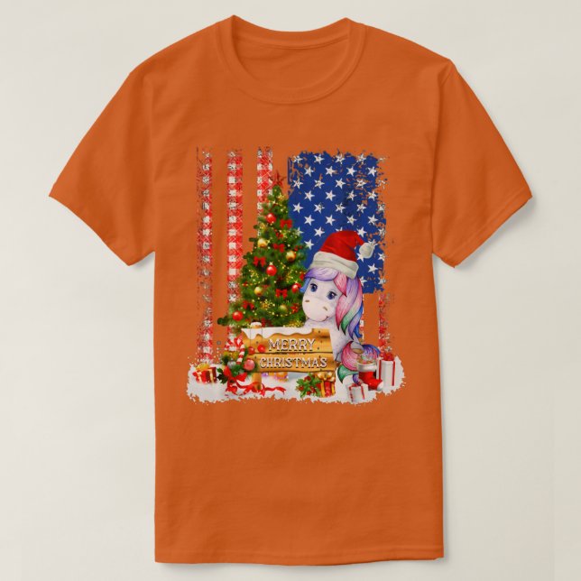 Unicorn Santa Hat & Julafton Träd American Flagga  T Shirt (Design framsida)