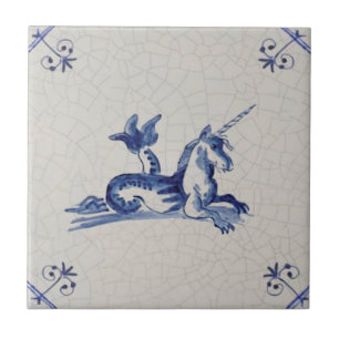 Unicorn Sea Creature Delft Blue 1700-talets Repro Kakelplatta