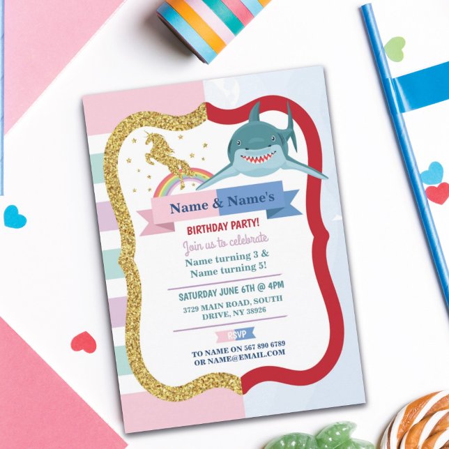 Unicorn & Shark Joint Boy Girl Birthday Inbjudningar (Skapare uppladdad)