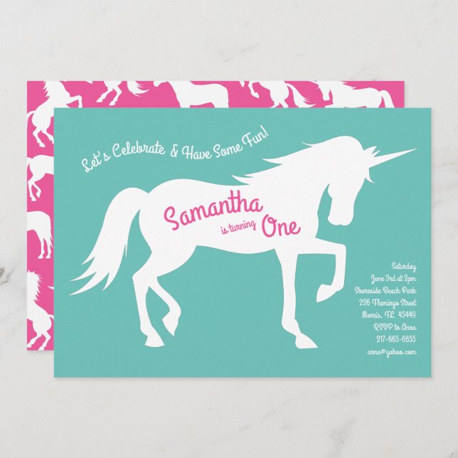 Unicorn Silhouette 1:a födelsedag Party Rosa Girls Inbjudningar (Fram/baksida)