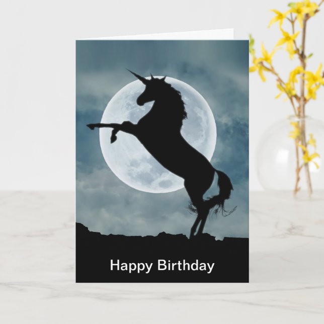 Unicorn Silhouette Full Moon Magic Birthday Kort (Gul blomma)