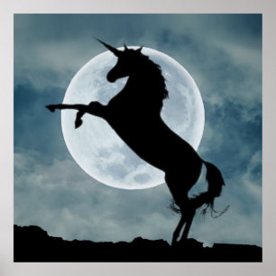 Unicorn Silhouette Full Moon Night Himlar, ZKOA Poster