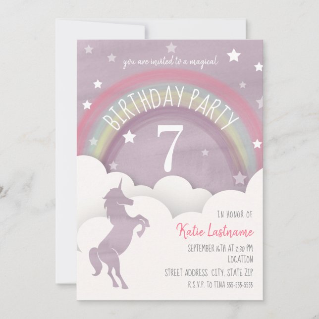 Unicorn Silhouette Rainbow Clouds + Stars Birthday Inbjudningar (Framsida)