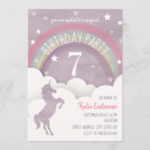 Unicorn Silhouette Rainbow Clouds + Stars Birthday Inbjudningar