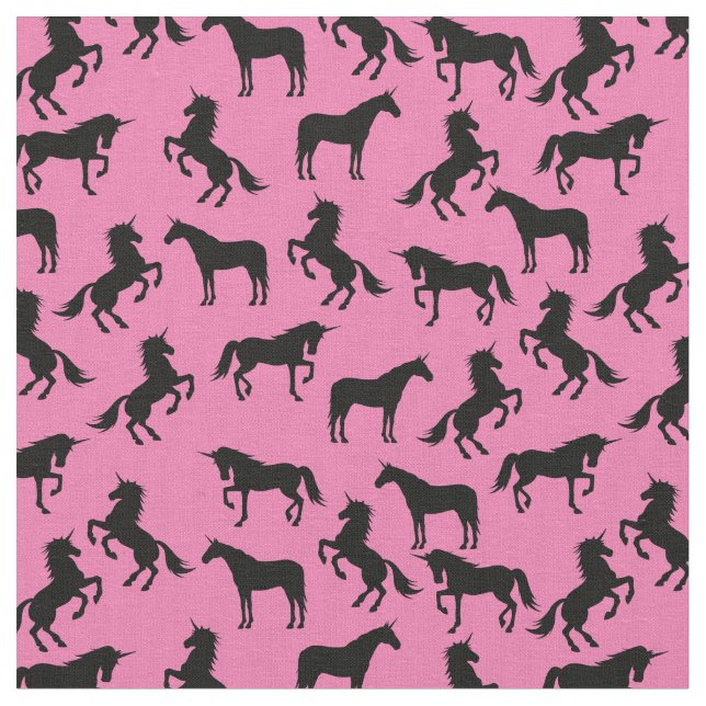 Unicorn Silhouettes Rosa och svart Tyg (Närbild)
