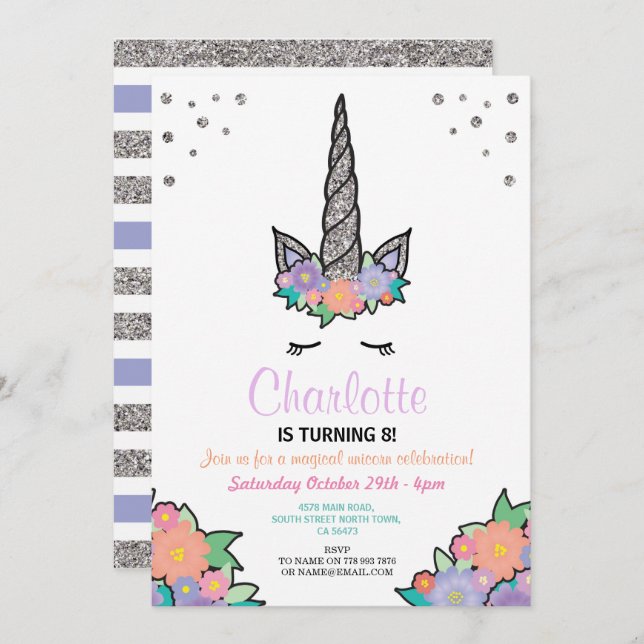 Unicorn Silver Glitter Blommigt Birthday Inbjudan (Fram/baksida)