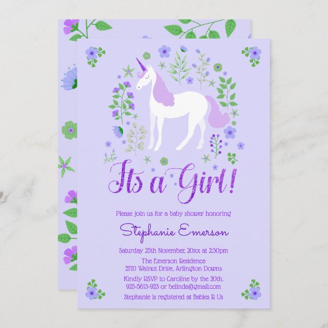 Unicorn sin inbjudan till Lila Baby Shower (Fram/baksida)